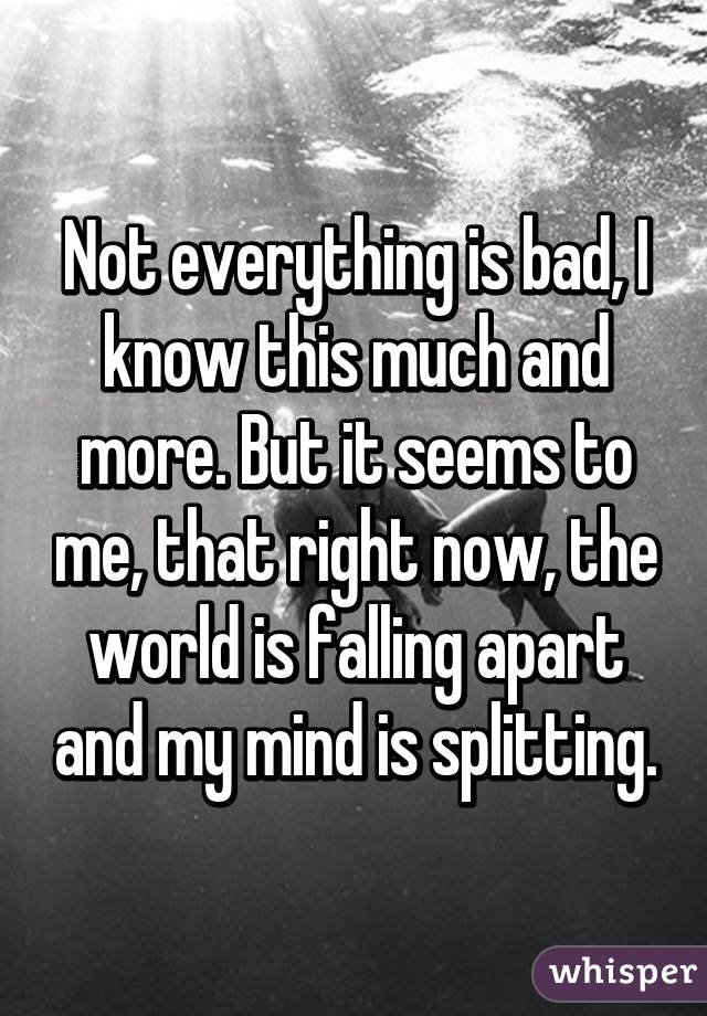 Not everything is bad, I know this much and more. But it seems to me, that right now, the world is falling apart and my mind is splitting.