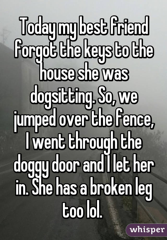 Today my best friend forgot the keys to the house she was dogsitting. So, we jumped over the fence, I went through the doggy door and I let her in. She has a broken leg too lol. 