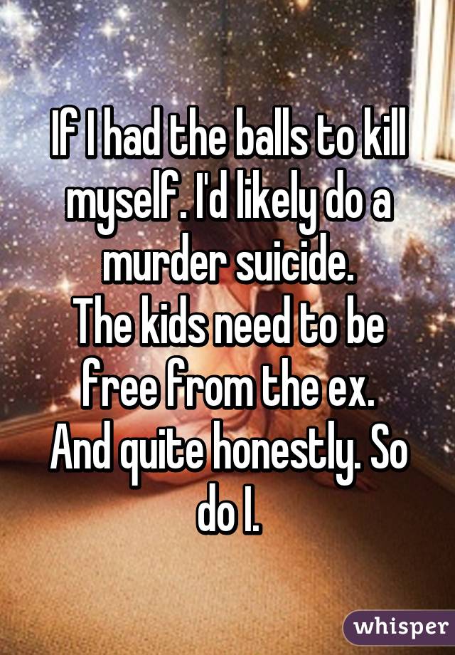 If I had the balls to kill myself. I'd likely do a murder suicide.
The kids need to be free from the ex.
And quite honestly. So do I.