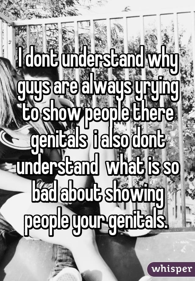 I dont understand why guys are always yrying to show people there genitals  i also dont understand  what is so bad about showing people your genitals. 