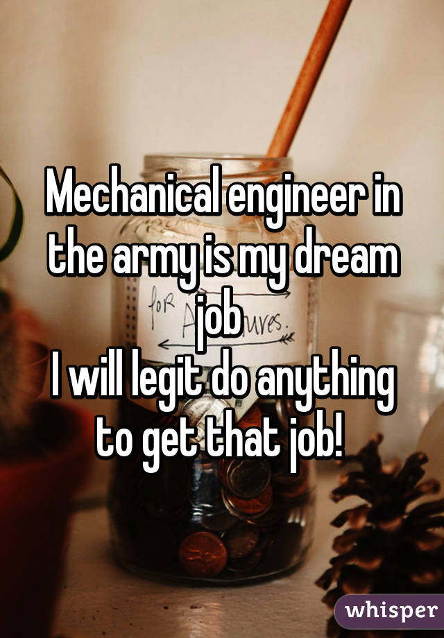 Mechanical engineer in the army is my dream job 
I will legit do anything to get that job! 