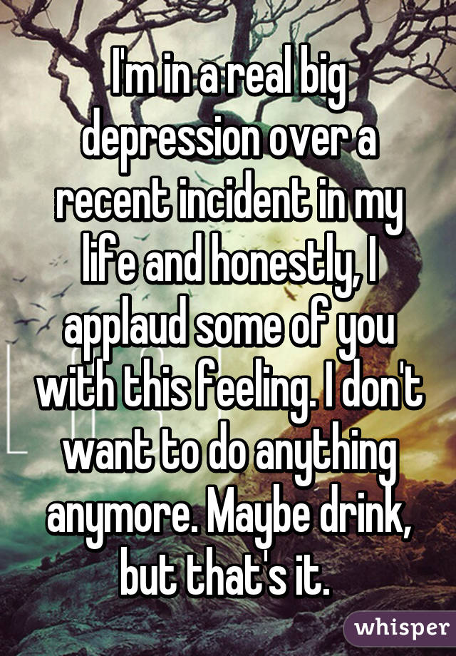 I'm in a real big depression over a recent incident in my life and honestly, I applaud some of you with this feeling. I don't want to do anything anymore. Maybe drink, but that's it. 