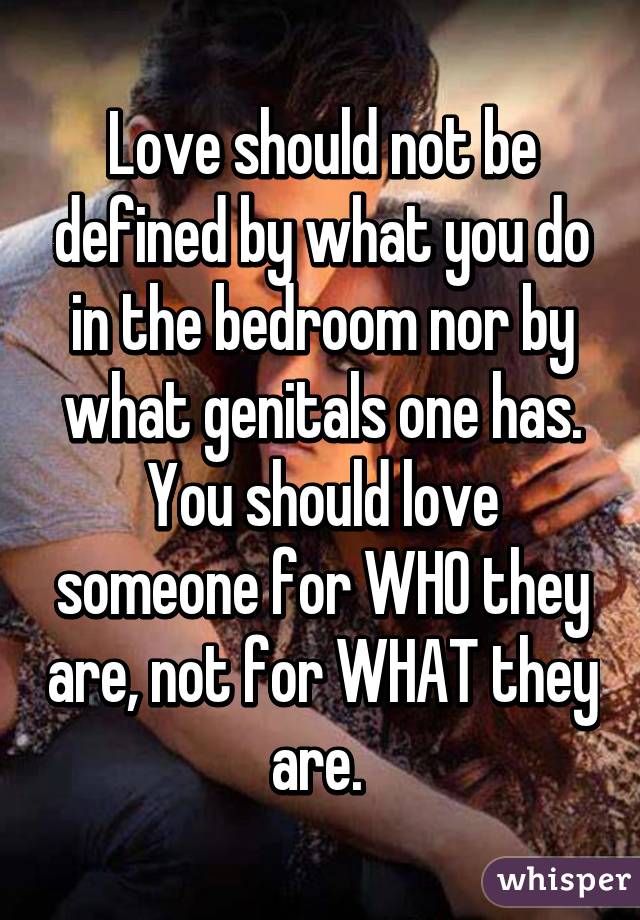 Love should not be defined by what you do in the bedroom nor by what genitals one has. You should love someone for WHO they are, not for WHAT they are. 