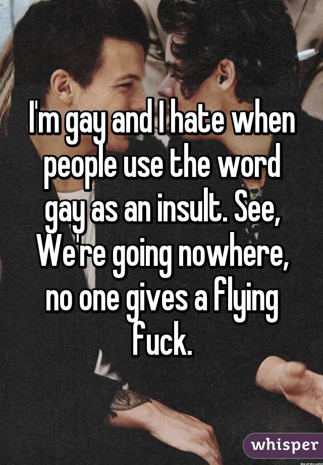 I'm gay and I hate when people use the word gay as an insult. See,
We're going nowhere, no one gives a flying fuck.