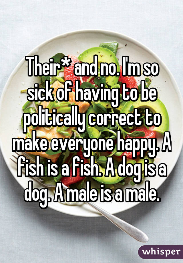 Their* and no. I'm so sick of having to be politically correct to make everyone happy. A fish is a fish. A dog is a dog. A male is a male.