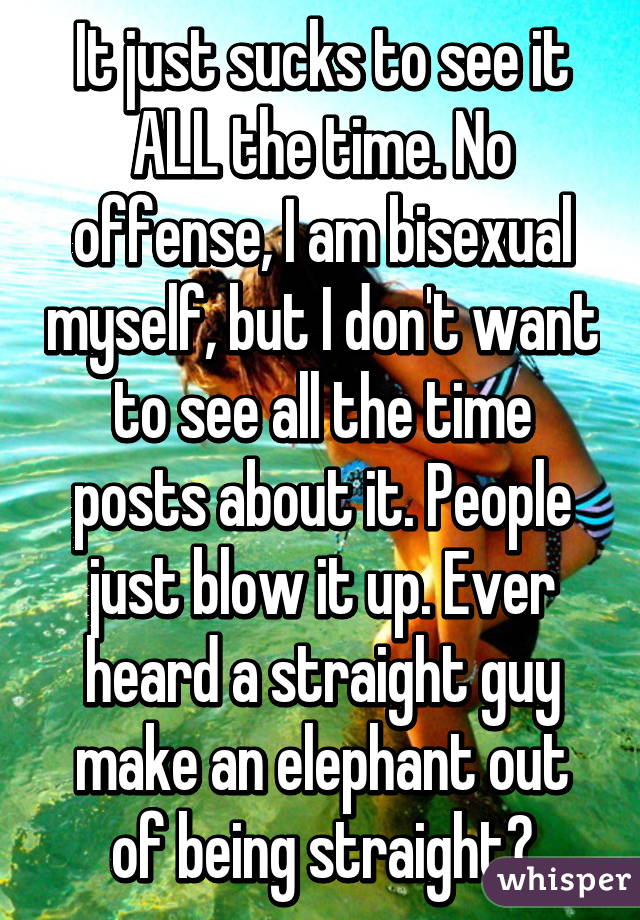 It just sucks to see it ALL the time. No offense, I am bisexual myself, but I don't want to see all the time posts about it. People just blow it up. Ever heard a straight guy make an elephant out of being straight?