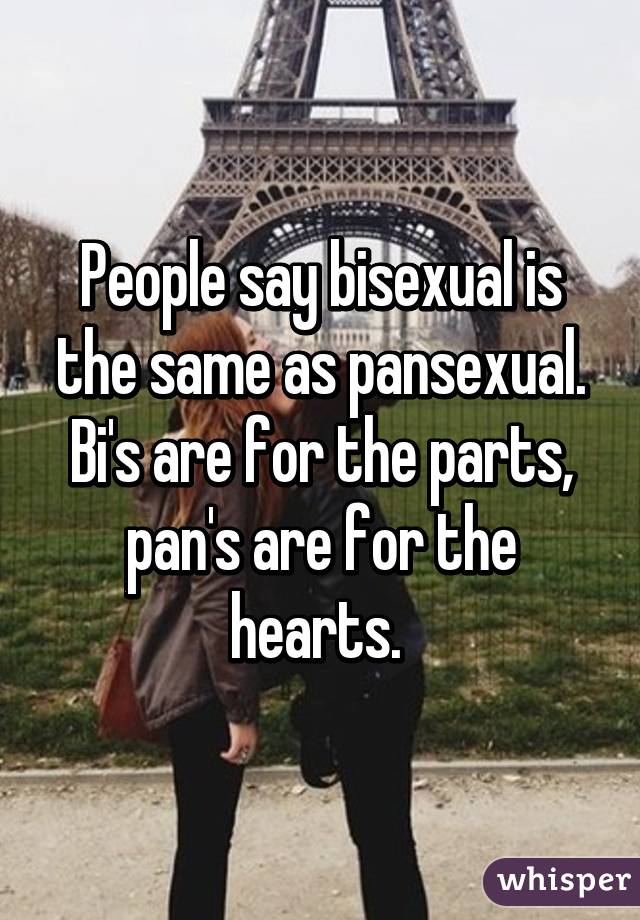 People say bisexual is the same as pansexual. Bi's are for the parts, pan's are for the hearts. 