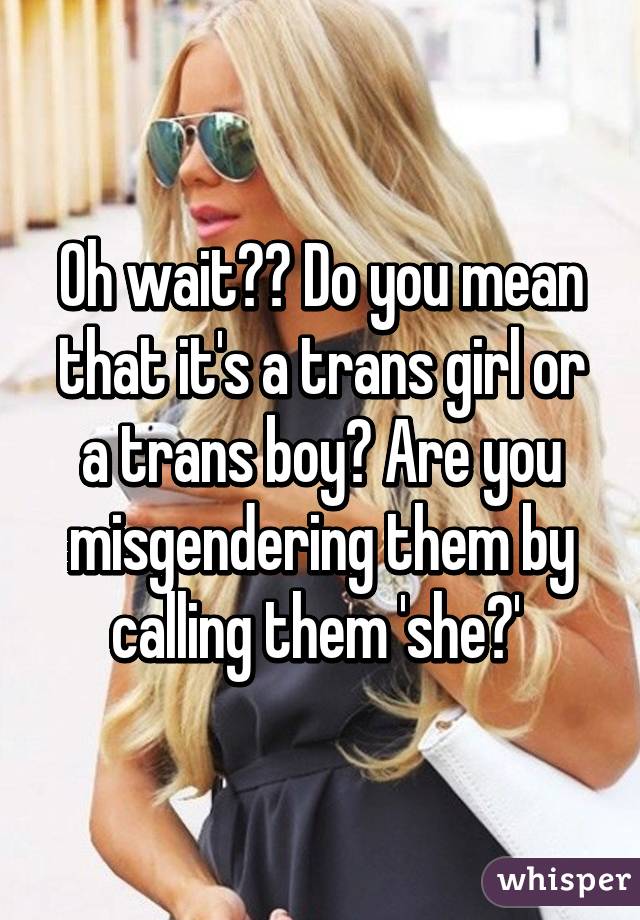 Oh wait?? Do you mean that it's a trans girl or a trans boy? Are you misgendering them by calling them 'she?' 