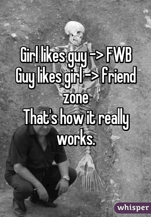 Girl likes guy -> FWB
Guy likes girl -> friend zone
That's how it really works.
