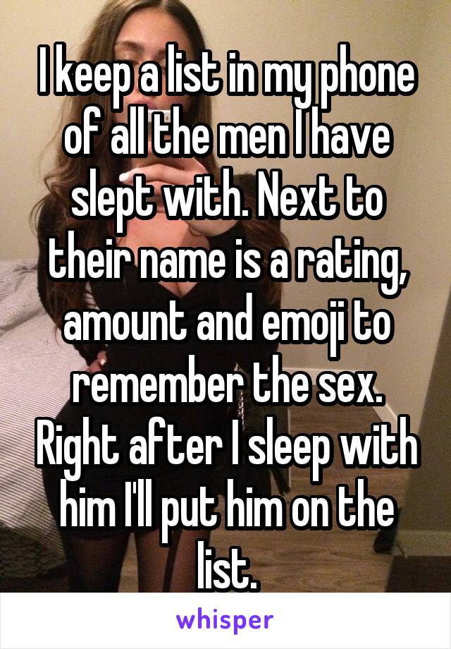 I keep a list in my phone of all the men I have slept with. Next to their name is a rating, amount and emoji to remember the sex. Right after I sleep with him I'll put him on the list.