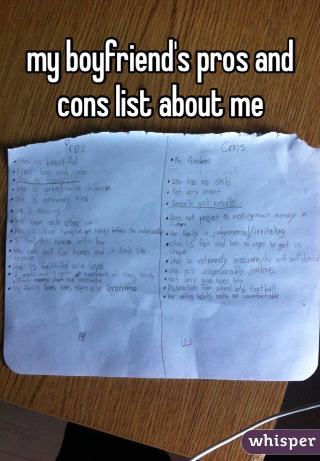 my boyfriend's pros and cons list about me