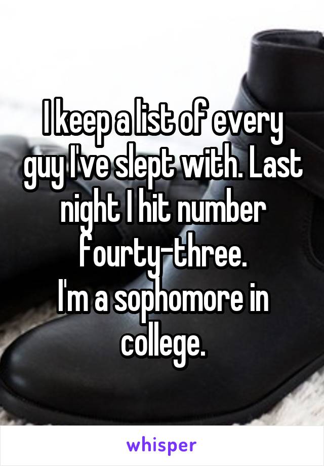 I keep a list of every guy I've slept with. Last night I hit number fourty-three.
I'm a sophomore in college.