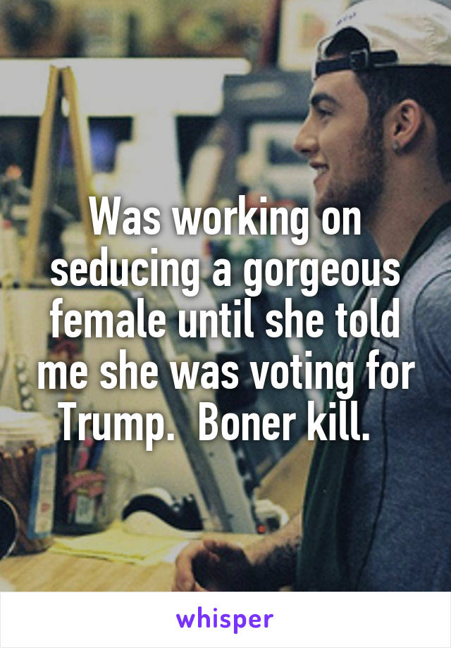 Was working on seducing a gorgeous female until she told me she was voting for Trump.  Boner kill.  