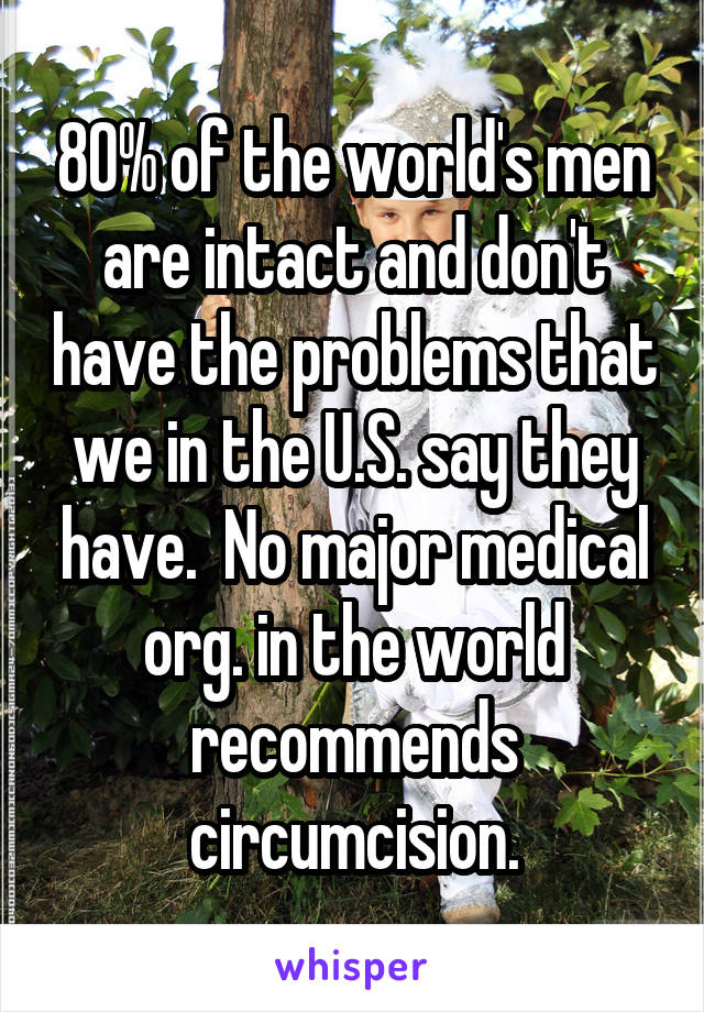 80% of the world's men are intact and don't have the problems that we in the U.S. say they have.  No major medical org. in the world recommends circumcision.