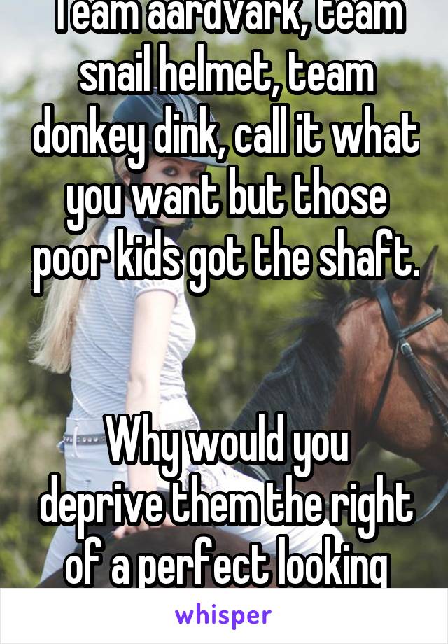 Team aardvark, team snail helmet, team donkey dink, call it what you want but those poor kids got the shaft. 

Why would you deprive them the right of a perfect looking Peter?!