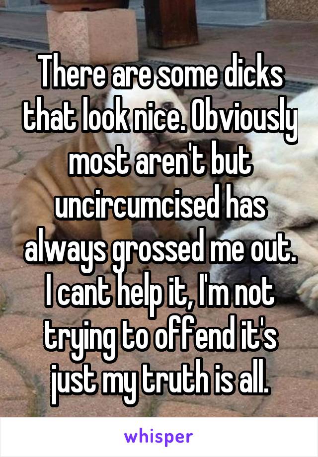 There are some dicks that look nice. Obviously most aren't but uncircumcised has always grossed me out. I cant help it, I'm not trying to offend it's just my truth is all.