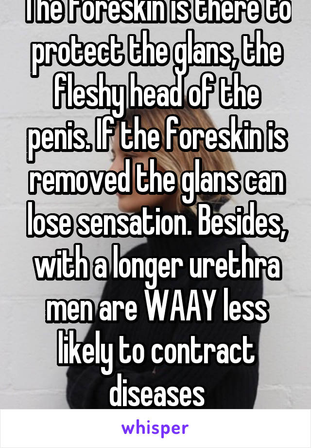 The foreskin is there to protect the glans, the fleshy head of the penis. If the foreskin is removed the glans can lose sensation. Besides, with a longer urethra men are WAAY less likely to contract diseases
There.