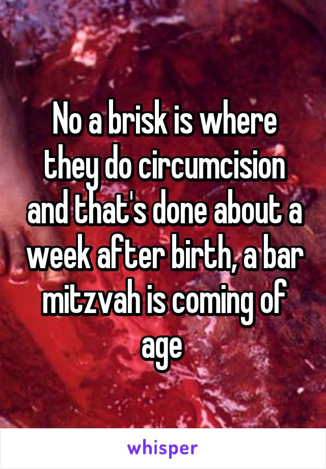 No a brisk is where they do circumcision and that's done about a week after birth, a bar mitzvah is coming of age 