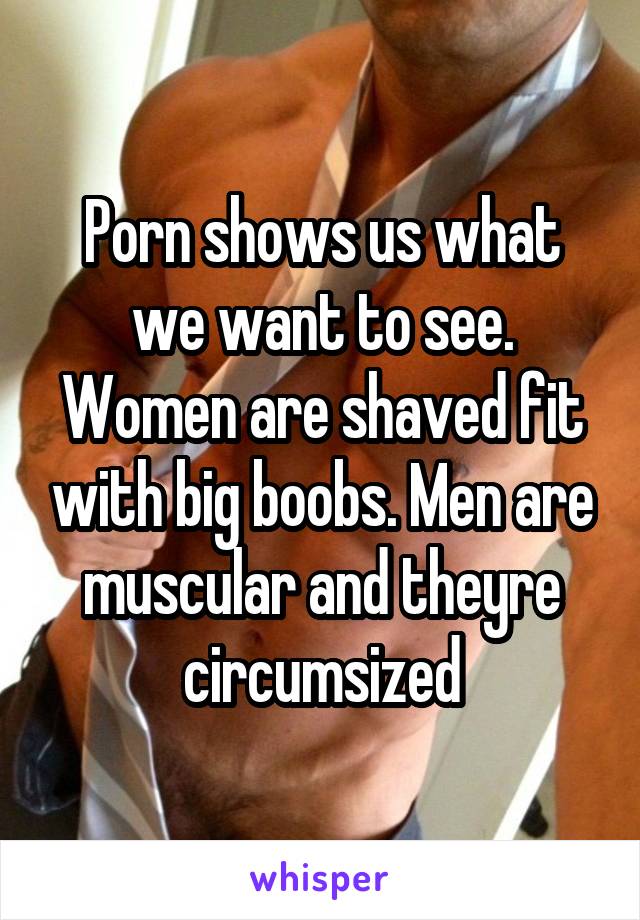 Porn shows us what we want to see. Women are shaved fit with big boobs. Men are muscular and theyre circumsized