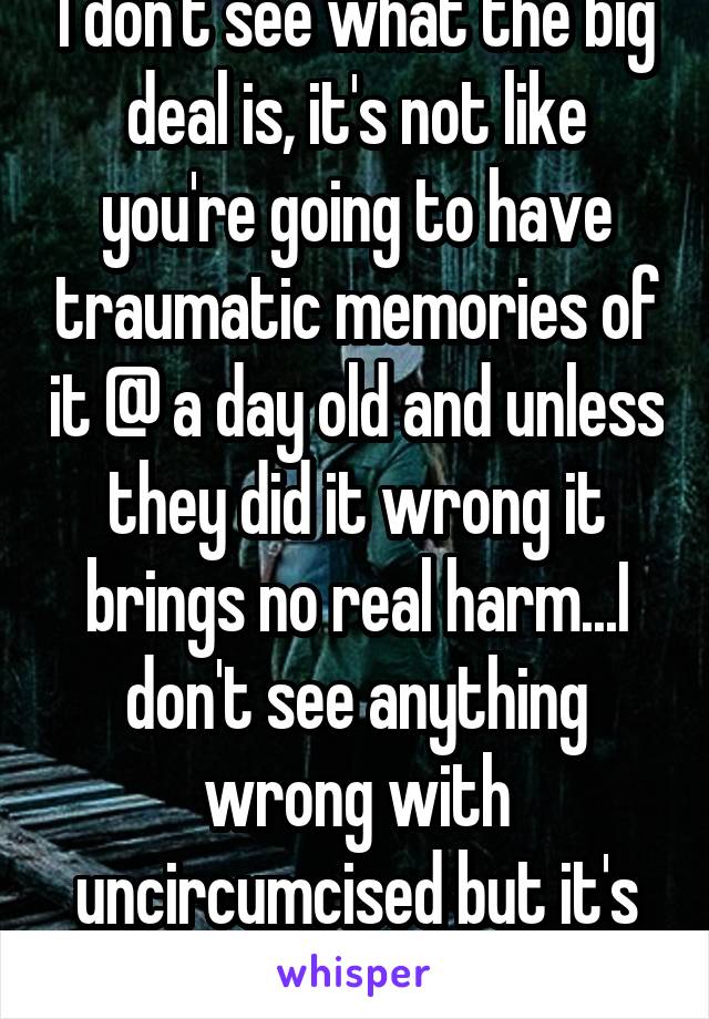 I don't see what the big deal is, it's not like you're going to have traumatic memories of it @ a day old and unless they did it wrong it brings no real harm...I don't see anything wrong with uncircumcised but it's not "brave" either