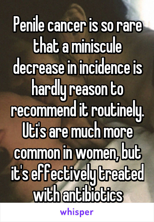 Penile cancer is so rare that a miniscule decrease in incidence is hardly reason to recommend it routinely. Uti's are much more common in women, but it's effectively treated with antibiotics