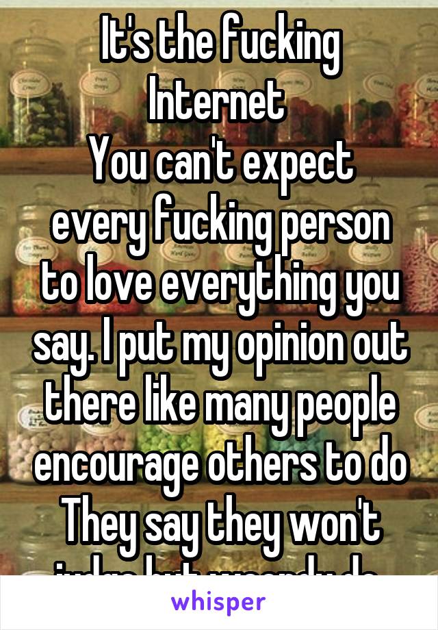 
It's the fucking Internet 
You can't expect every fucking person to love everything you say. I put my opinion out there like many people encourage others to do They say they won't judge but woopdy do 