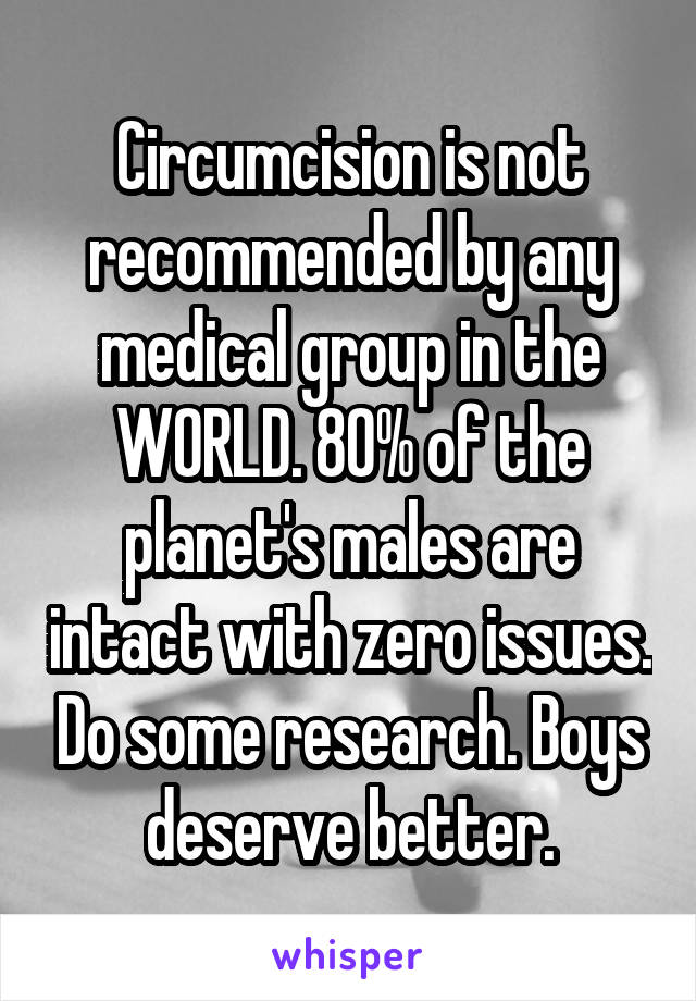 Circumcision is not recommended by any medical group in the WORLD. 80% of the planet's males are intact with zero issues. Do some research. Boys deserve better.