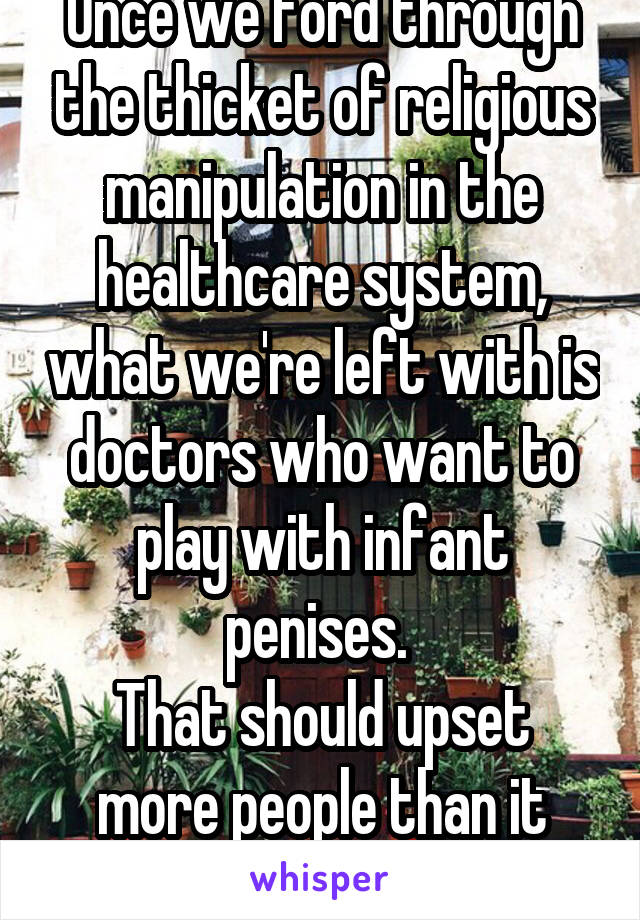 Once we ford through the thicket of religious manipulation in the healthcare system, what we're left with is doctors who want to play with infant penises. 
That should upset more people than it does. 