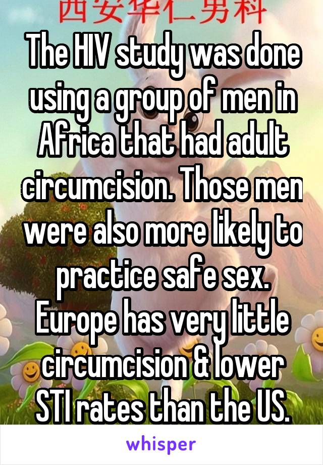 The HIV study was done using a group of men in Africa that had adult circumcision. Those men were also more likely to practice safe sex. Europe has very little circumcision & lower STI rates than the US.