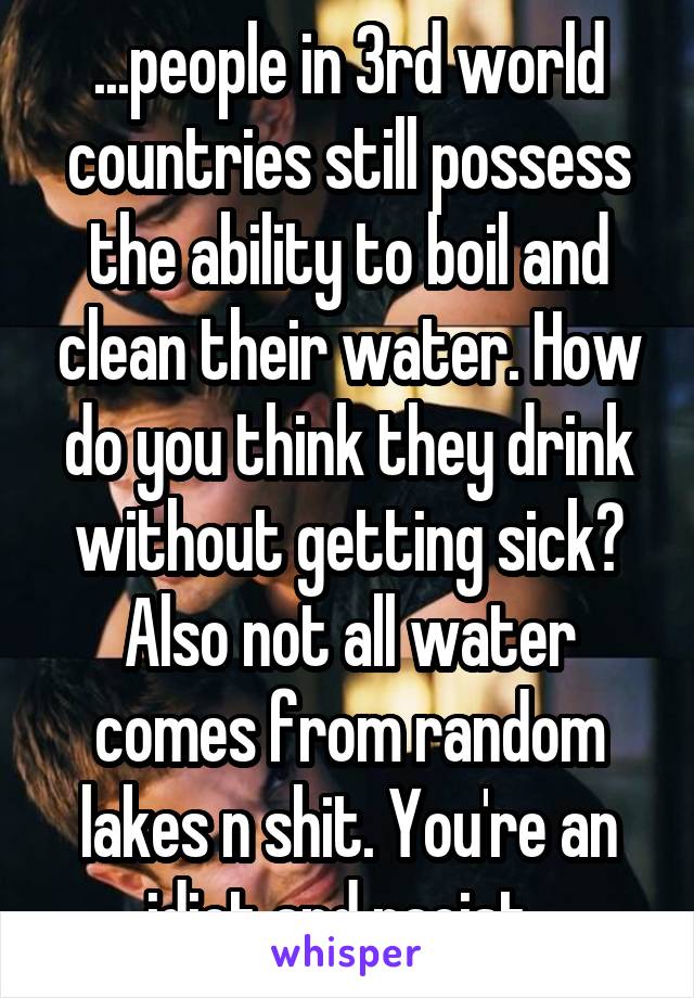 ...people in 3rd world countries still possess the ability to boil and clean their water. How do you think they drink without getting sick? Also not all water comes from random lakes n shit. You're an idiot and racist. 