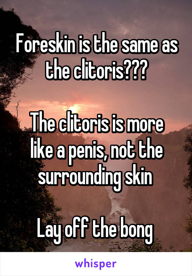 Foreskin is the same as the clitoris???

The clitoris is more like a penis, not the surrounding skin 

Lay off the bong 