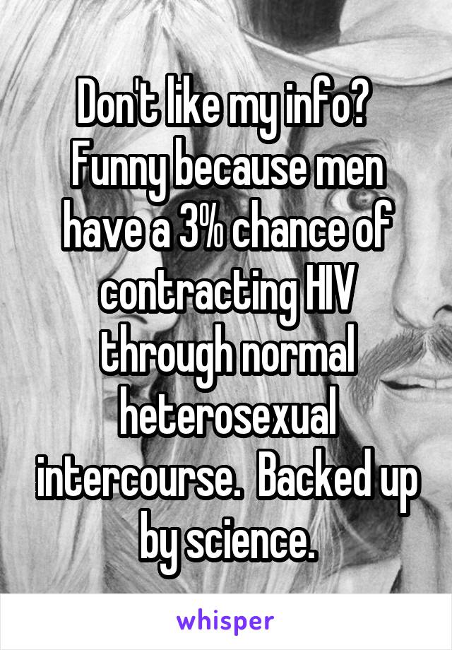 Don't like my info?  Funny because men have a 3% chance of contracting HIV through normal heterosexual intercourse.  Backed up by science.