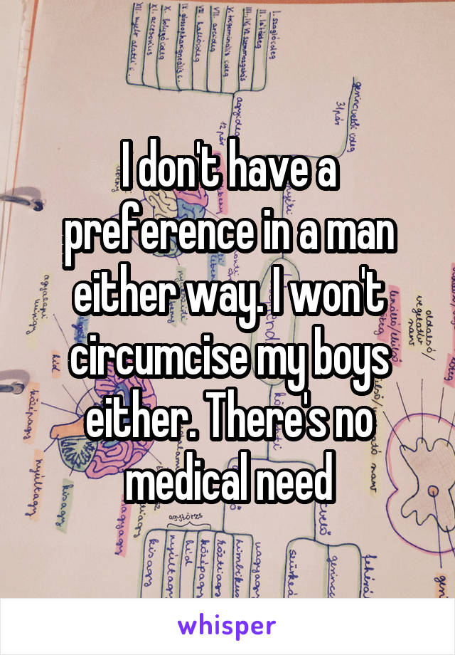 I don't have a preference in a man either way. I won't circumcise my boys either. There's no medical need