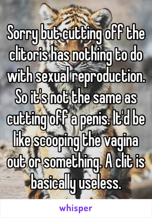 Sorry but cutting off the clitoris has nothing to do with sexual reproduction. So it's not the same as cutting off a penis. It'd be like scooping the vagina out or something. A clit is basically useless. 