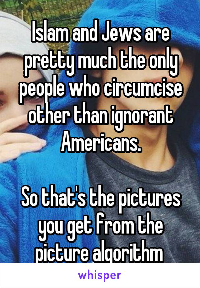 Islam and Jews are pretty much the only people who circumcise other than ignorant Americans.

So that's the pictures you get from the picture algorithm 