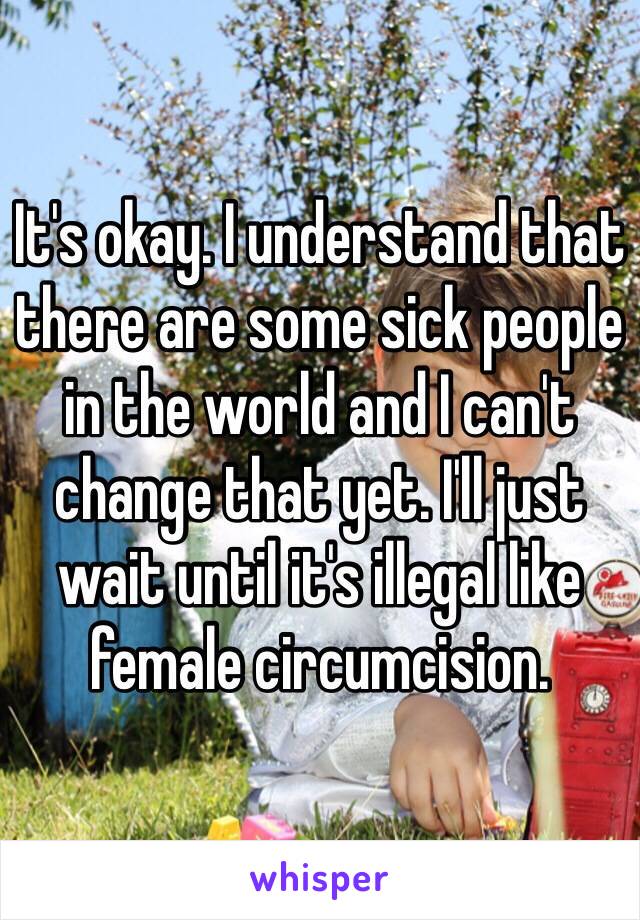 It's okay. I understand that there are some sick people in the world and I can't change that yet. I'll just wait until it's illegal like female circumcision. 