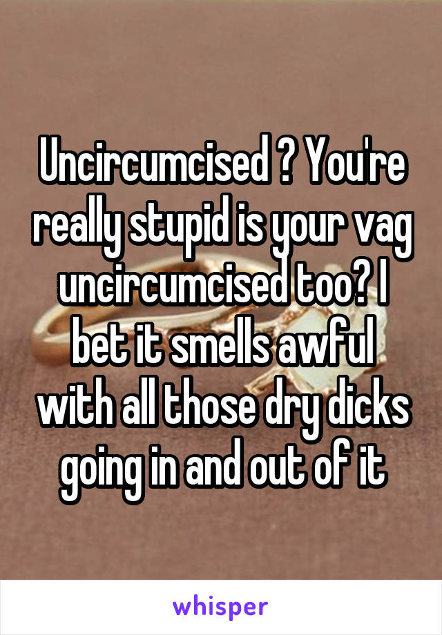 Uncircumcised ? You're really stupid is your vag uncircumcised too? I bet it smells awful with all those dry dicks going in and out of it