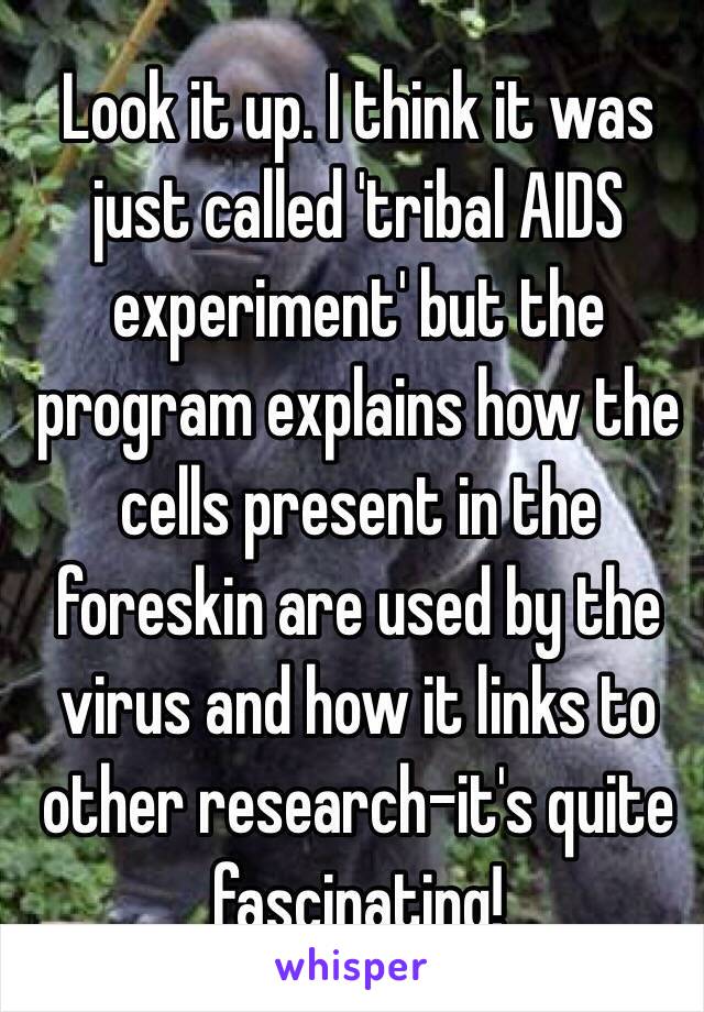 Look it up. I think it was just called 'tribal AIDS experiment' but the program explains how the cells present in the foreskin are used by the virus and how it links to other research-it's quite fascinating!