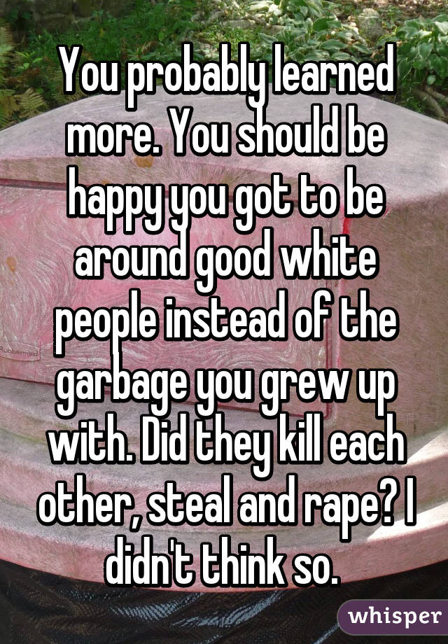 You probably learned more. You should be happy you got to be around good white people instead of the garbage you grew up with. Did they kill each other, steal and rape? I didn't think so. 