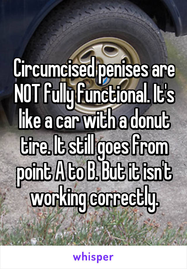 Circumcised penises are NOT fully functional. It's like a car with a donut tire. It still goes from point A to B. But it isn't working correctly.