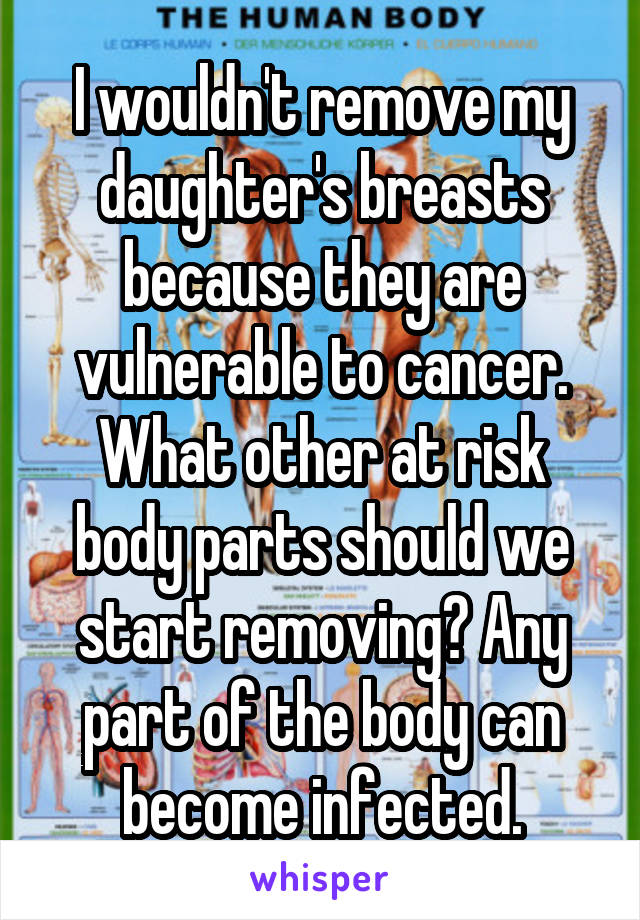 I wouldn't remove my daughter's breasts because they are vulnerable to cancer. What other at risk body parts should we start removing? Any part of the body can become infected.