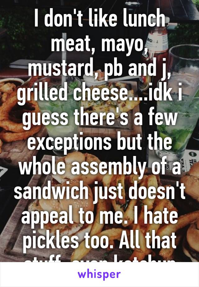 I don't like lunch meat, mayo, mustard, pb and j, grilled cheese....idk i guess there's a few exceptions but the whole assembly of a sandwich just doesn't appeal to me. I hate pickles too. All that stuff, even ketchup