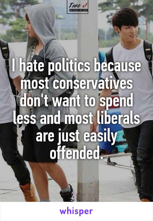 I hate politics because most conservatives don't want to spend less and most liberals are just easily offended.