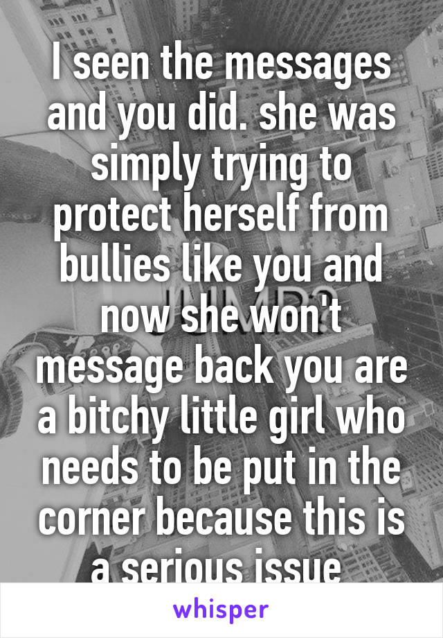 I seen the messages and you did. she was simply trying to protect herself from bullies like you and now she won't message back you are a bitchy little girl who needs to be put in the corner because this is a serious issue 