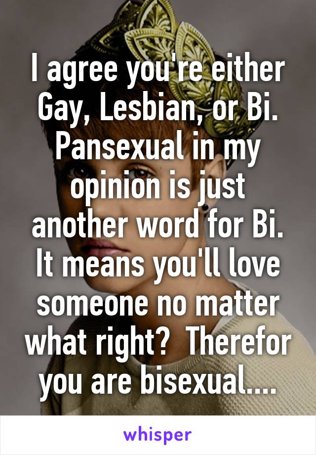 I agree you're either Gay, Lesbian, or Bi. Pansexual in my opinion is just another word for Bi. It means you'll love someone no matter what right?  Therefor you are bisexual....