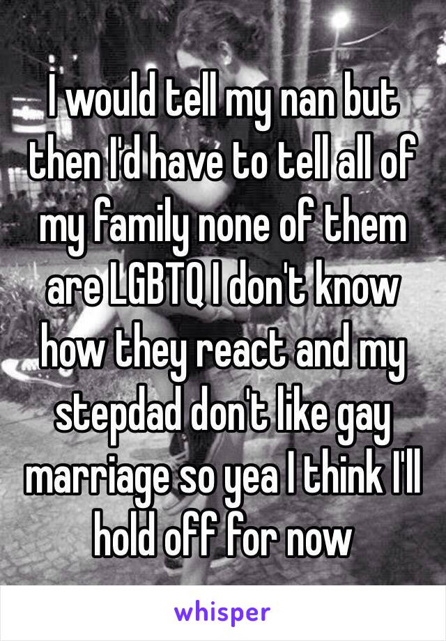 I would tell my nan but then I'd have to tell all of my family none of them are LGBTQ I don't know how they react and my stepdad don't like gay marriage so yea I think I'll hold off for now