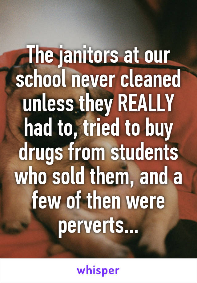 The janitors at our school never cleaned unless they REALLY had to, tried to buy drugs from students who sold them, and a few of then were perverts...