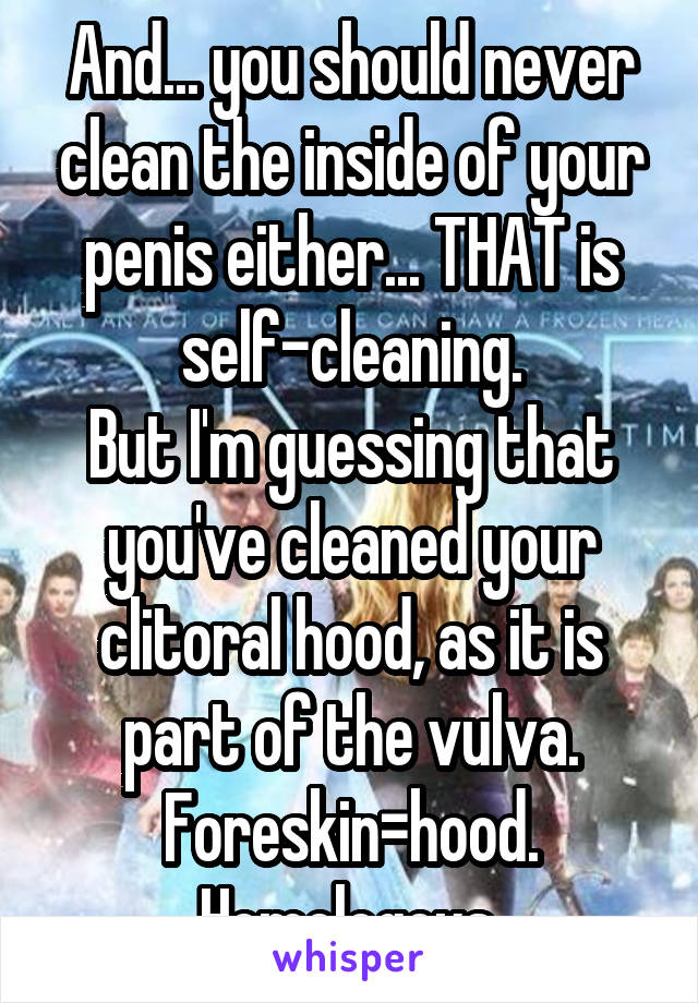 And... you should never clean the inside of your penis either... THAT is self-cleaning.
But I'm guessing that you've cleaned your clitoral hood, as it is part of the vulva.
Foreskin=hood.
Homologous.