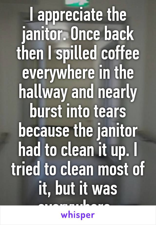 I appreciate the janitor. Once back then I spilled coffee everywhere in the hallway and nearly burst into tears because the janitor had to clean it up. I tried to clean most of it, but it was everywhere. 