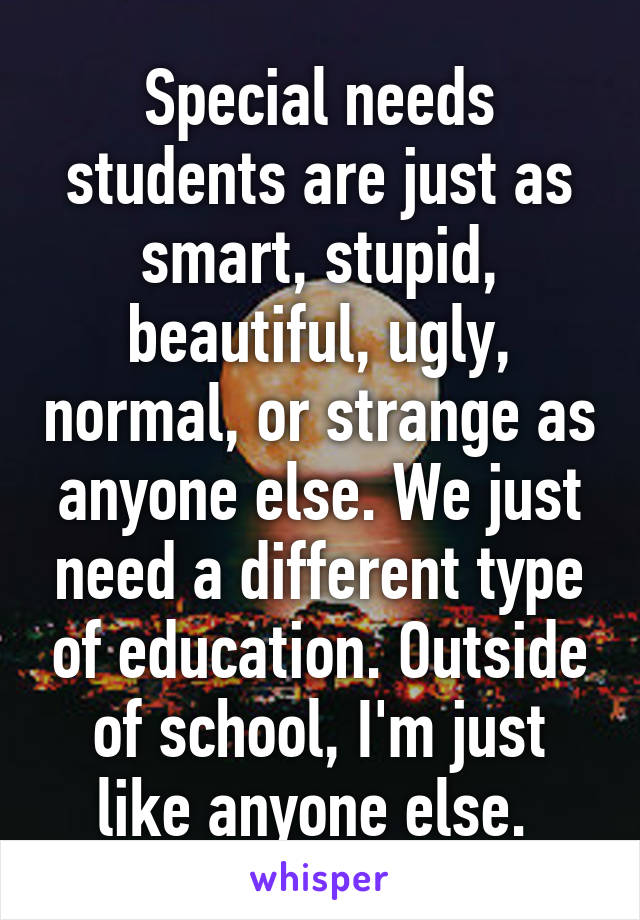 Special needs students are just as smart, stupid, beautiful, ugly, normal, or strange as anyone else. We just need a different type of education. Outside of school, I'm just like anyone else. 